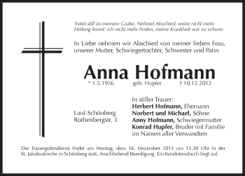 Traueranzeige von Anna Hofmann von Pegnitz-Zeitung